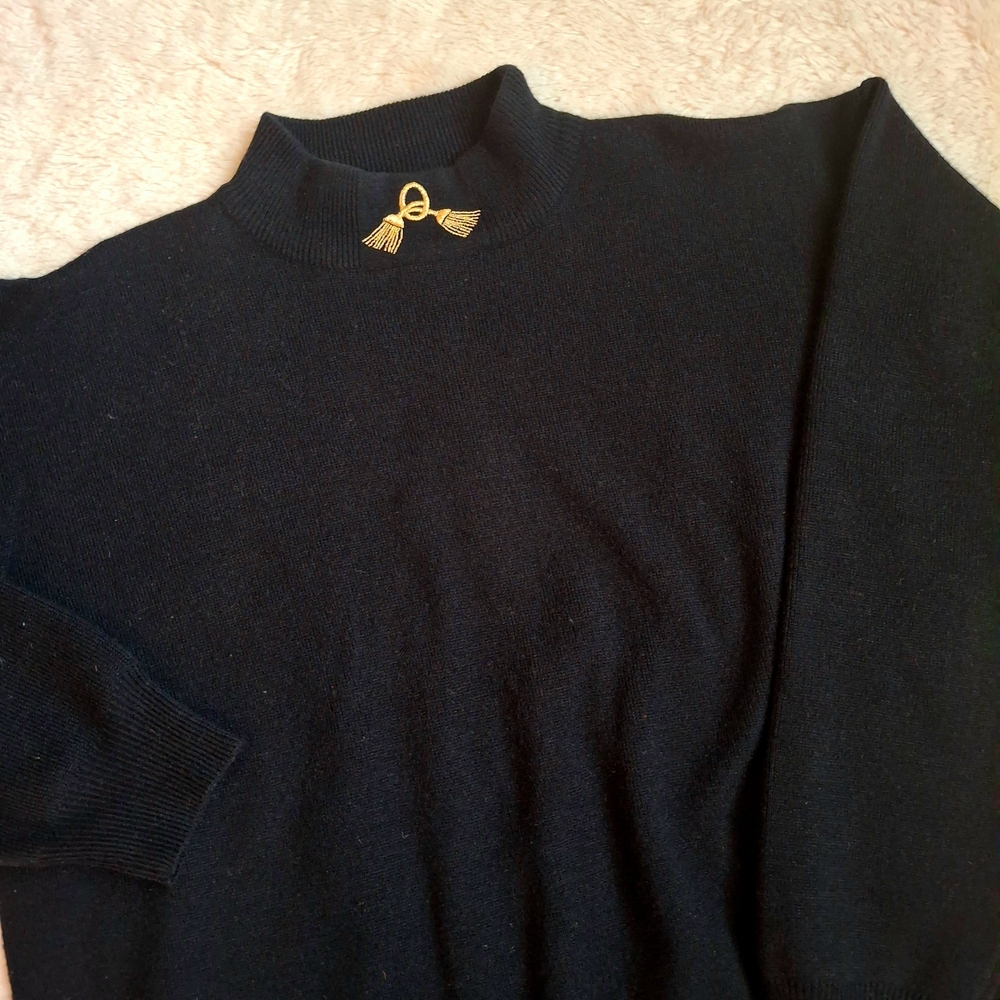 Cappagallo Black Mock Neck Lambswool Sweater Gold Tassel Detail L